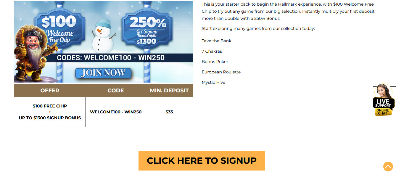 Hallmark Casino Welcome Bonus