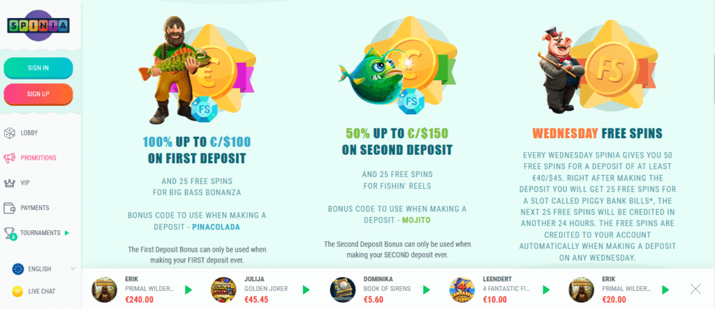 Spinia Casino Welcome Bonus